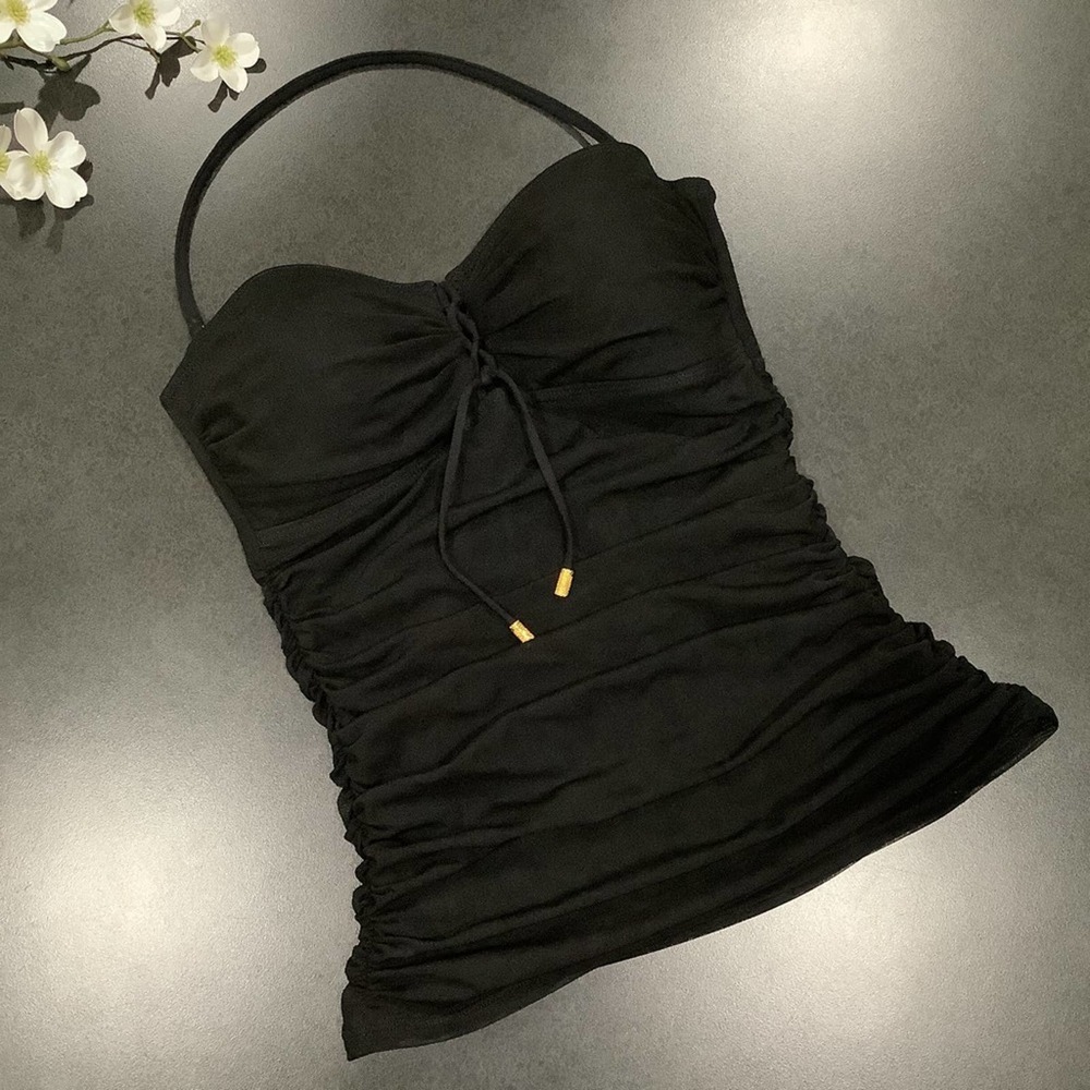 Lauren Ralph Lauren Black Mesh Halter Tankini Top Corset Lace Up Front